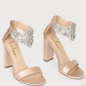Dannah Champagne Satin Rhinestone and Pearl High Heel Sandals